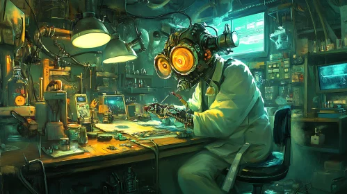 Steampunk Cyborg in Laboratory