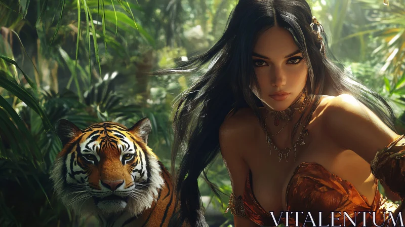 Jungle Portrait: Woman and Tiger AI Image