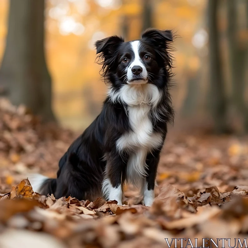 Dog in Autumn Leaves in Forest AI Image