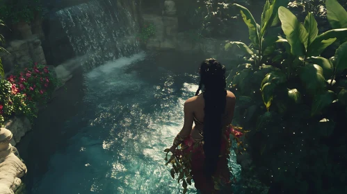 Jungle Waterfall with a Woman