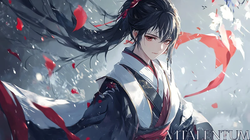 Elegant Anime Portrait with Red Accents AI Image