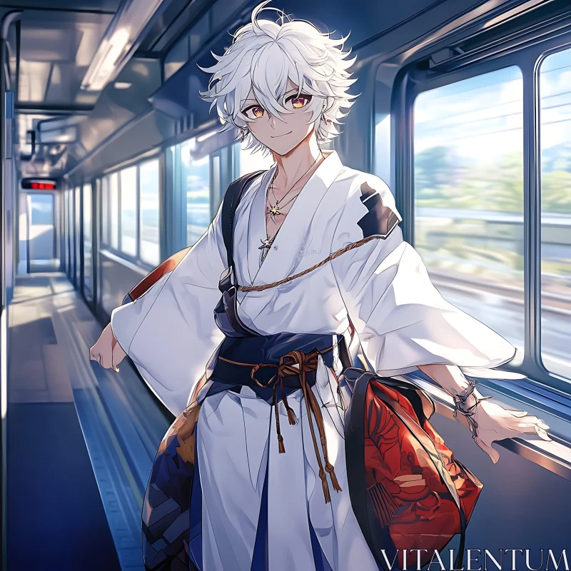 Anime Scene: White-Haired Character in Traditional Attire on Train AI Image