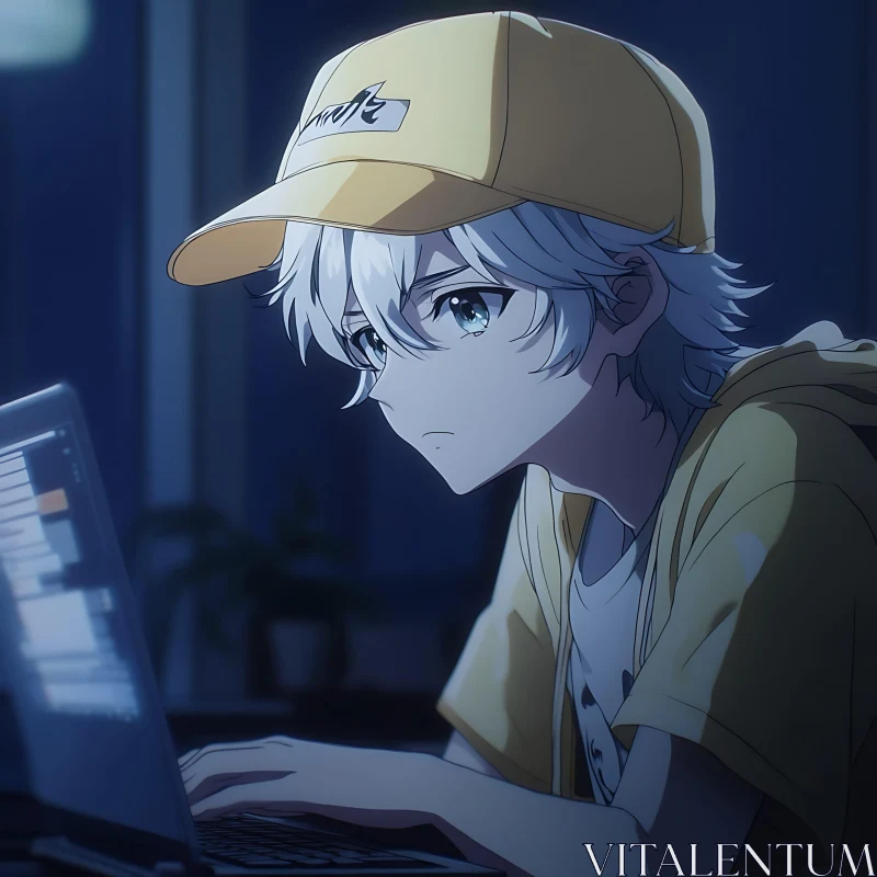 Anime Character Working Late on Laptop AI Image