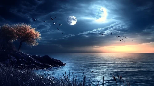 Tranquil Night Seascape with Moon Reflection