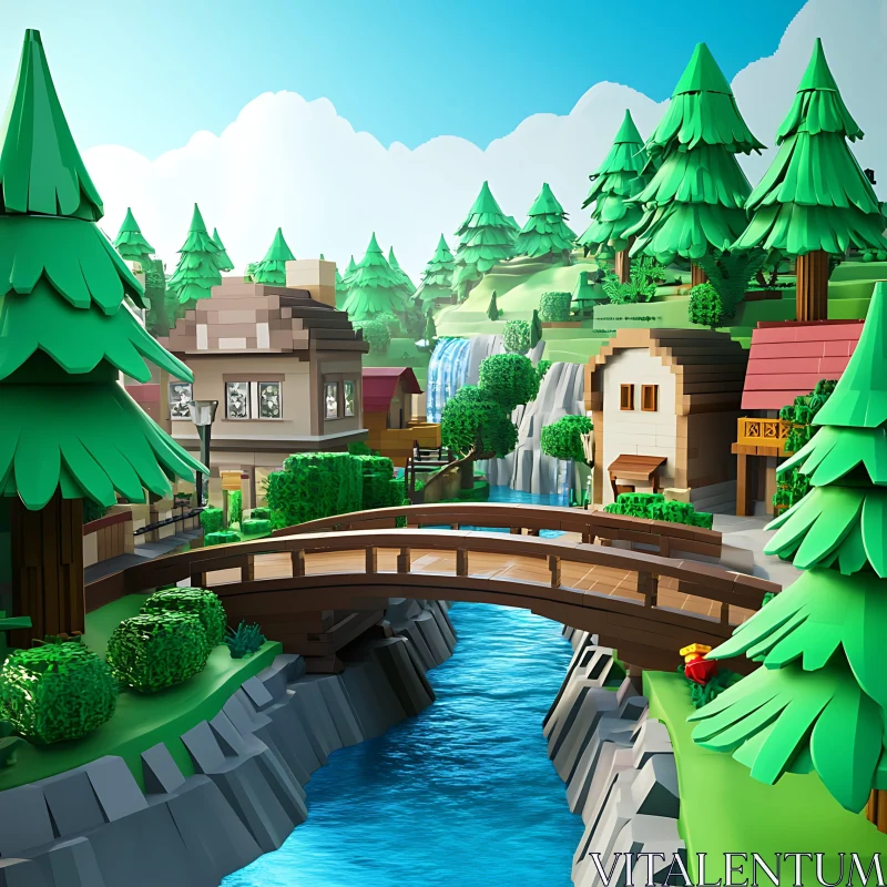 AI ART Stylized Village Scene with Wooden Bridge