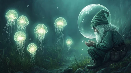 Underwater Gnome with Glowing Jellyfish