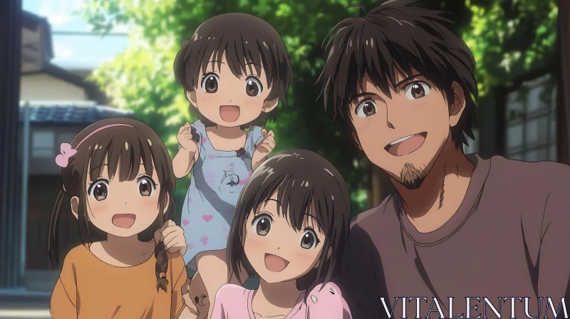 Happy Anime Family with Three Kids AI Image