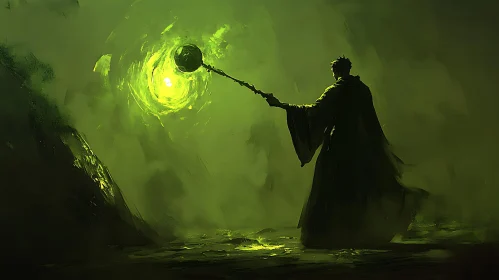 Mystic Wizard with Glowing Orb in Gloomy Landscape