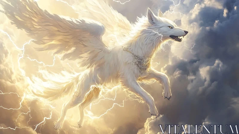 AI ART Fantasy Wolf with Wings in Thunderstorm