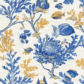 Blue and Gold Aquatic Botanical Design