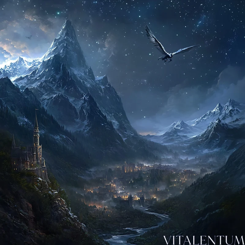 Night Flight Over Mountain Kingdom AI Image