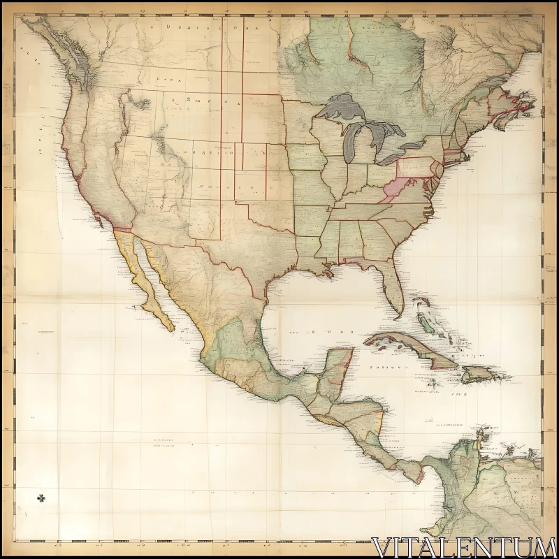 AI ART Vintage Map: Early American Cartography Print