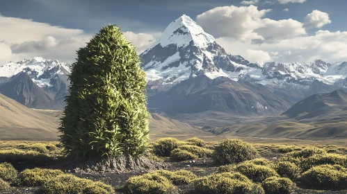 Snowy Mountains and Green Tree Scenery