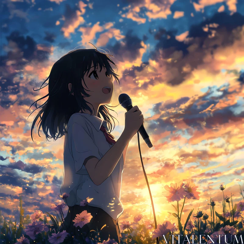 Young Anime Woman Singing in Flower Field During Sunset AI Image