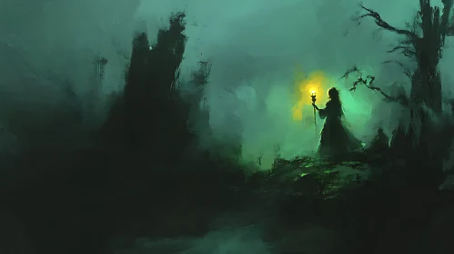 Figure with Torch in Dark Green Forest