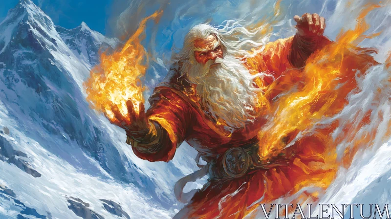 Mountain Wizard Conjuring Flames Illustration AI Image