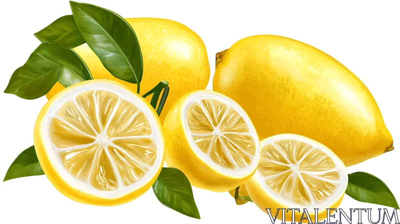 Bright Yellow Lemons with Green Leaves AI Image