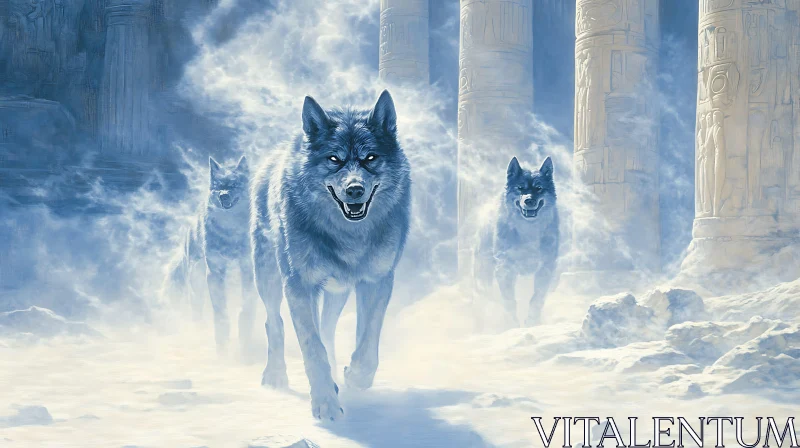 AI ART Snowy Wolves near Ancient Pillars