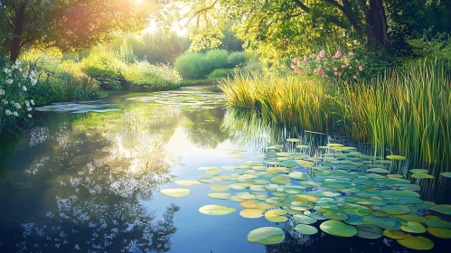 Lush Lakeside with Lily Pads and Flowers