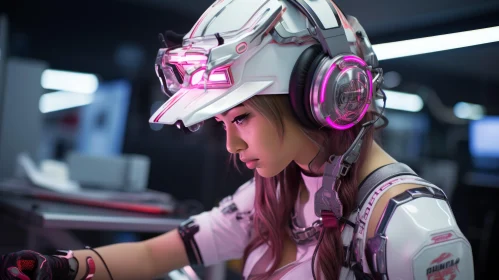 Futuristic Robotic Headset Artwork in Light Silver and Pink