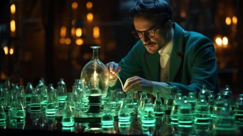 Man in green exploring green glass bottles - A Cinematic and Academic Study