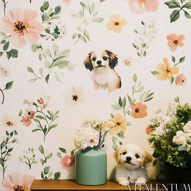 Adorable Puppy and Floral Background AI Image