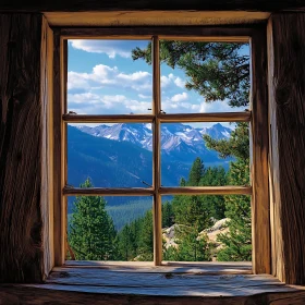 Rustic window with mountain scenery