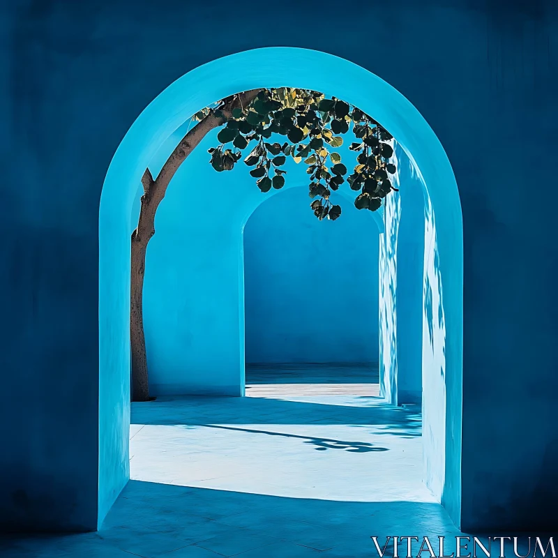 Blue Architectural Arches with Sunlit Tree Shadows AI Image