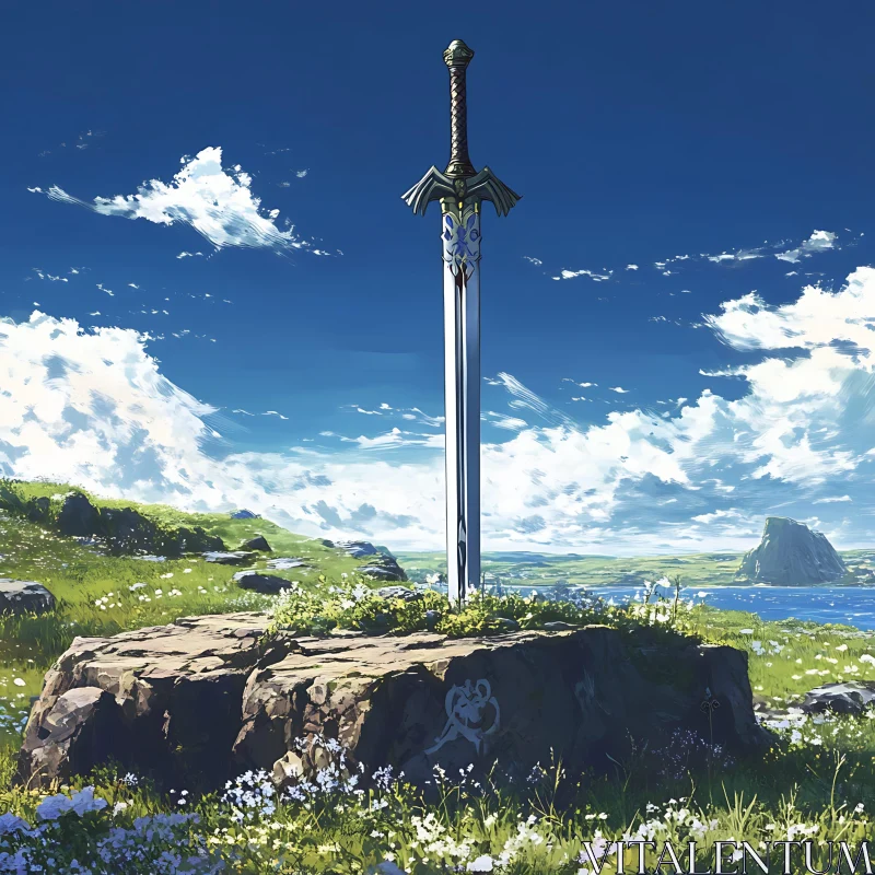 Sword in Stone with Scenic Natural Background AI Image