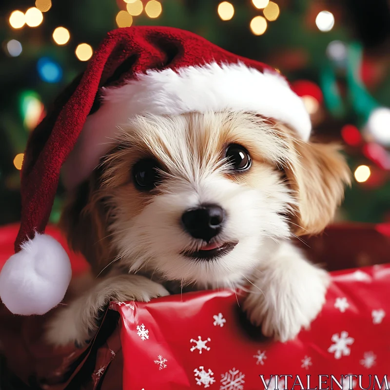 Festive Christmas Puppy with Santa Hat AI Image