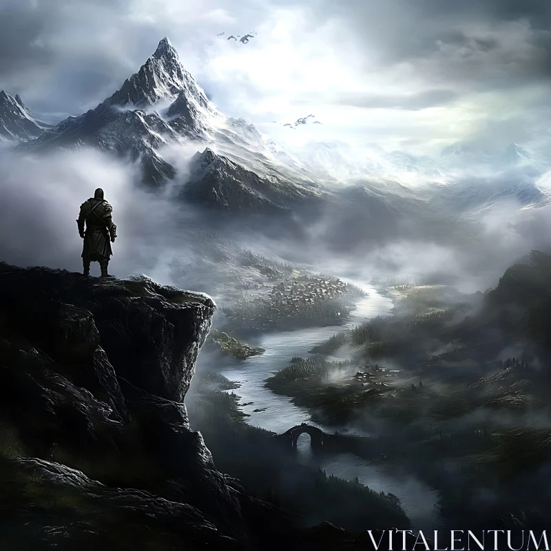 AI ART Cliffside Warrior Overlooking Misty Mountains