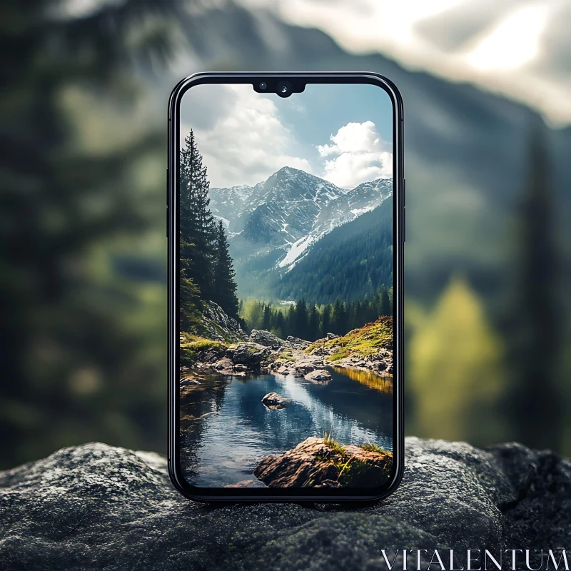 Serene Mountain Landscape on Mobile Device AI Image