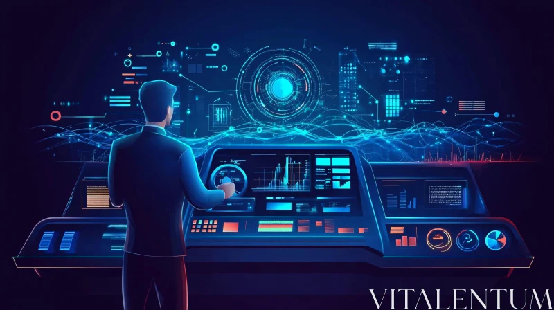 Man managing futuristic data on control panel AI Image