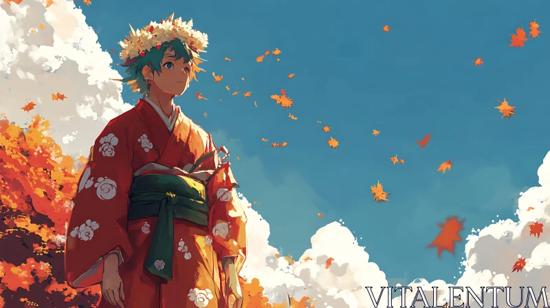 AI ART Anime Cosplay in Traditional Kimono with Autumn Leaves