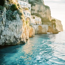 Seaside Buildings on Cliffs with Azure Water