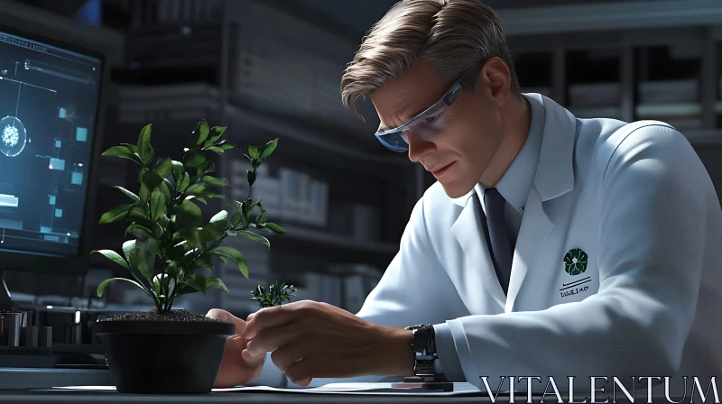Man in Lab Coat Examining Plant Growth AI Image