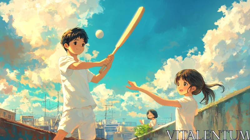 AI ART Energetic Rooftop Baseball Game in Anime Style