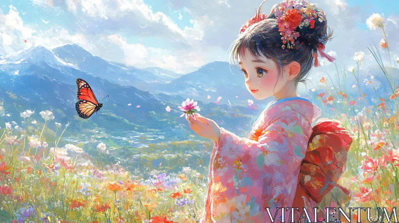 AI ART Serene Anime Scene with Girl and Butterfly