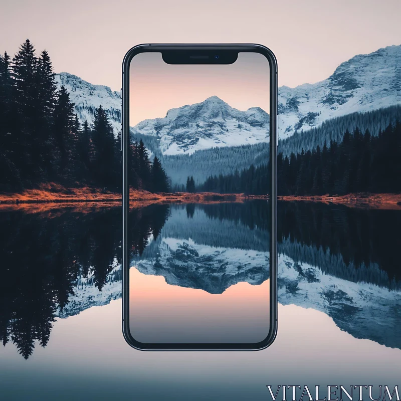 Phone Displaying Mountain Lake Scenery AI Image