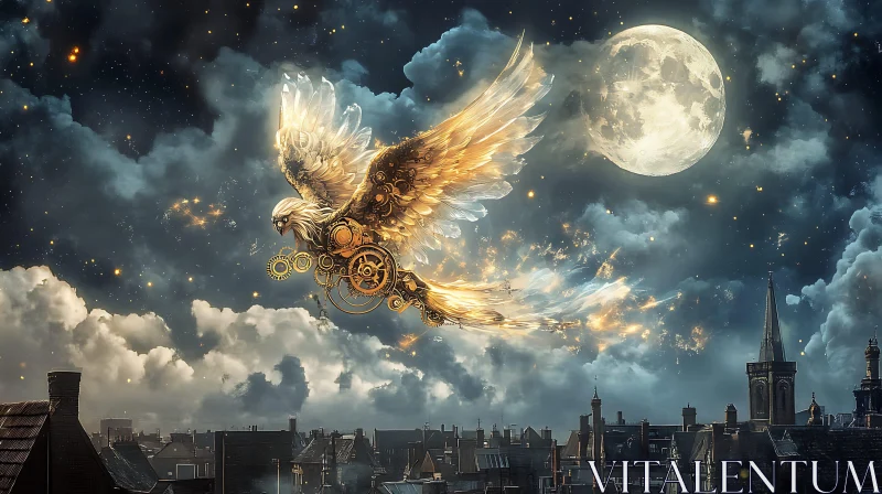AI ART Mechanical Bird Flight Under Moonlight