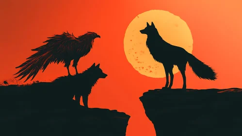 Sunset Wolves and Eagle