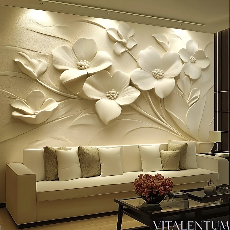 Modern Living Room Decor with 3D Floral Design AI Image