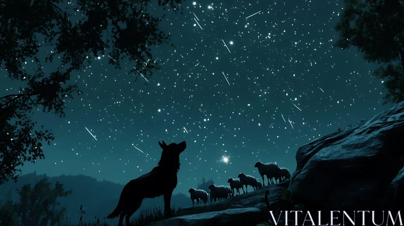 AI ART Night Watch: Wolf and Sheep Under Stars