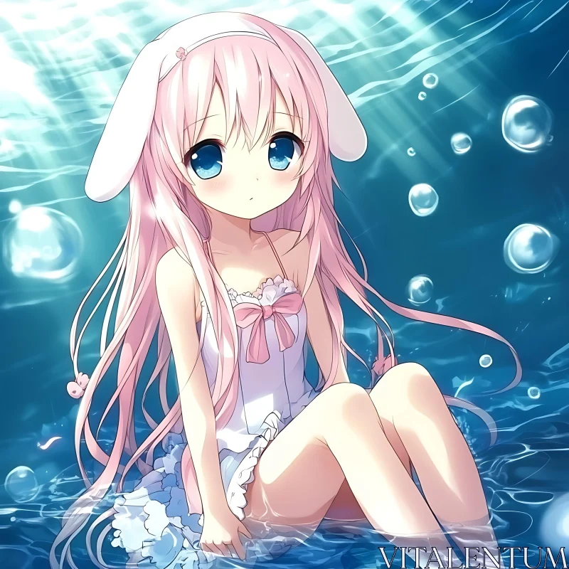 Cute Underwater Anime Girl with Bunny Ears AI Image