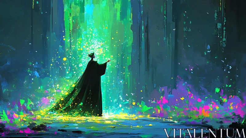 Wizard Casting Spell in Magical Forest AI Image