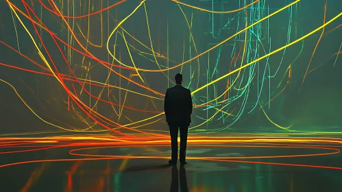 Man and Abstract Light Lines