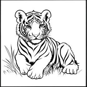Monochrome Tiger Cub in Grass Drawing