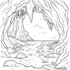 Seaside Cave Monochrome Illustration