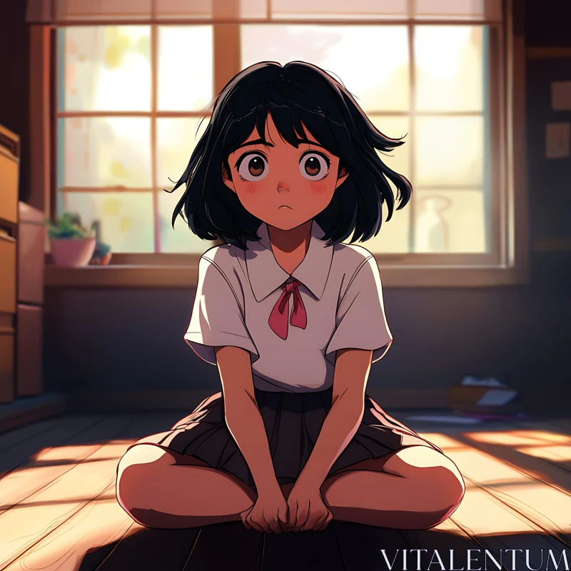 Sunlight in Anime Room with Surprised Girl AI Image