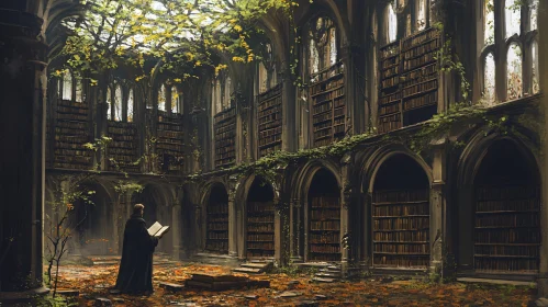 Ruined Library With Monk Reading